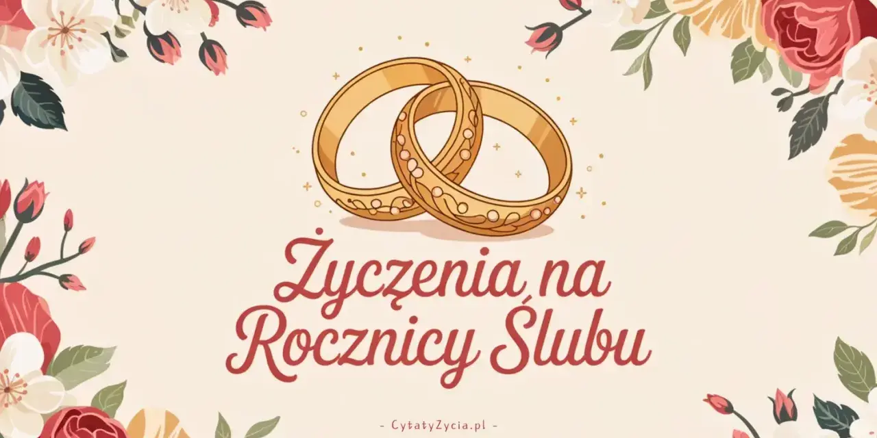 Złote obrączki i kwiaty na tle. Życzenia na rocznicę ślubu, inspirujące cytaty o szczęściu.