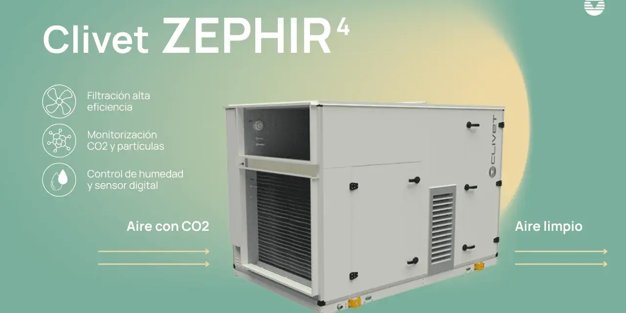 Unidad de climatización y ventilación Clivet ZEPHIR⁴ con alta eficiencia, monitorización de CO2 y control de humedad para aire limpio.