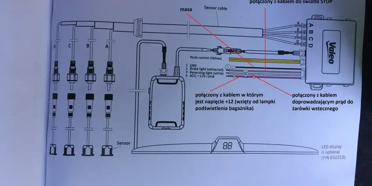 Schemat montażu czujników parkowania Valeo. Pokazuje połączenia z czujnikami, światłem stop, żarówką wstecznego i zasilaniem.