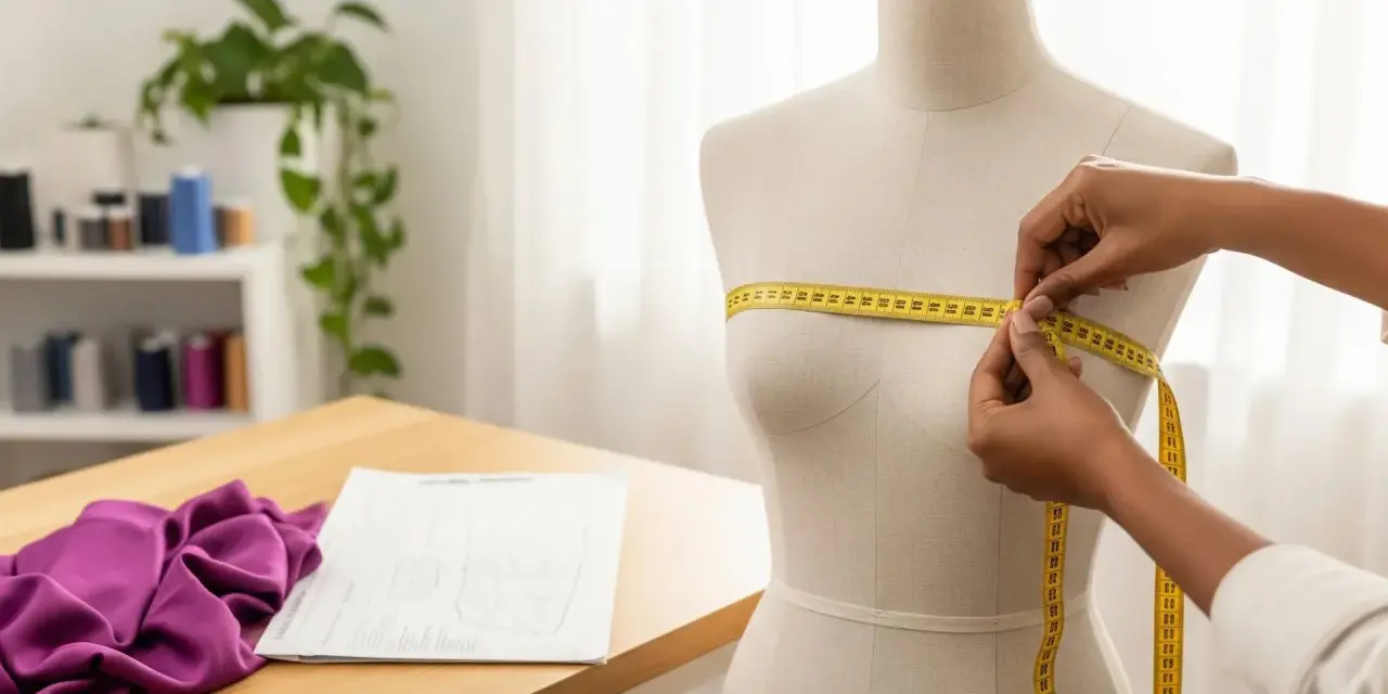 Manos midiendo un maniquí con cinta métrica amarilla, demostrando cómo tomar las medidas del cuerpo para confección.