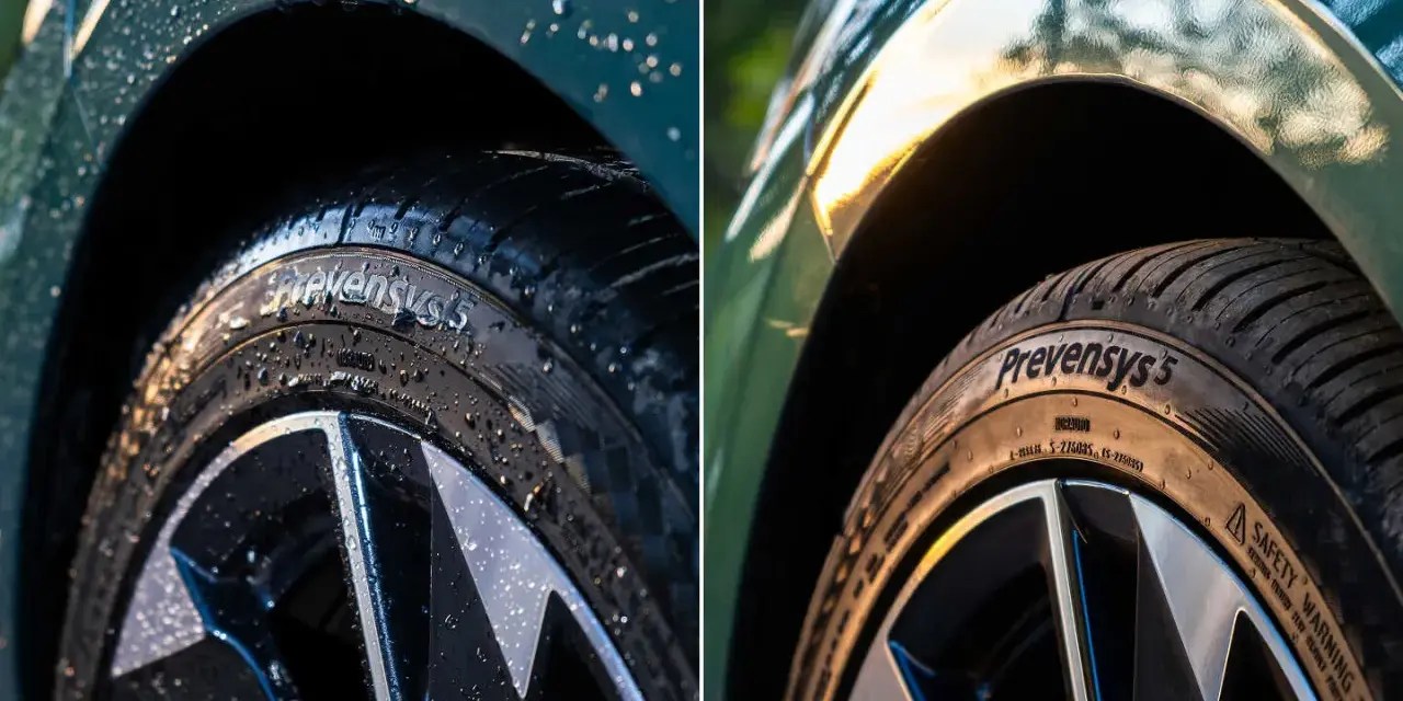 Comparaison de deux pneus Norauto Prevensys 5, l'un mouillé, l'autre sec.