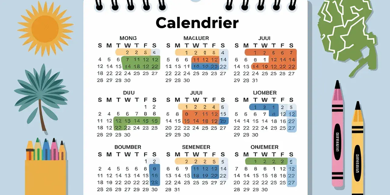 Calendrier coloré avec des crayons, un soleil et un palmier, parfait pour planifier les vacances scolaires à Amsterdam.