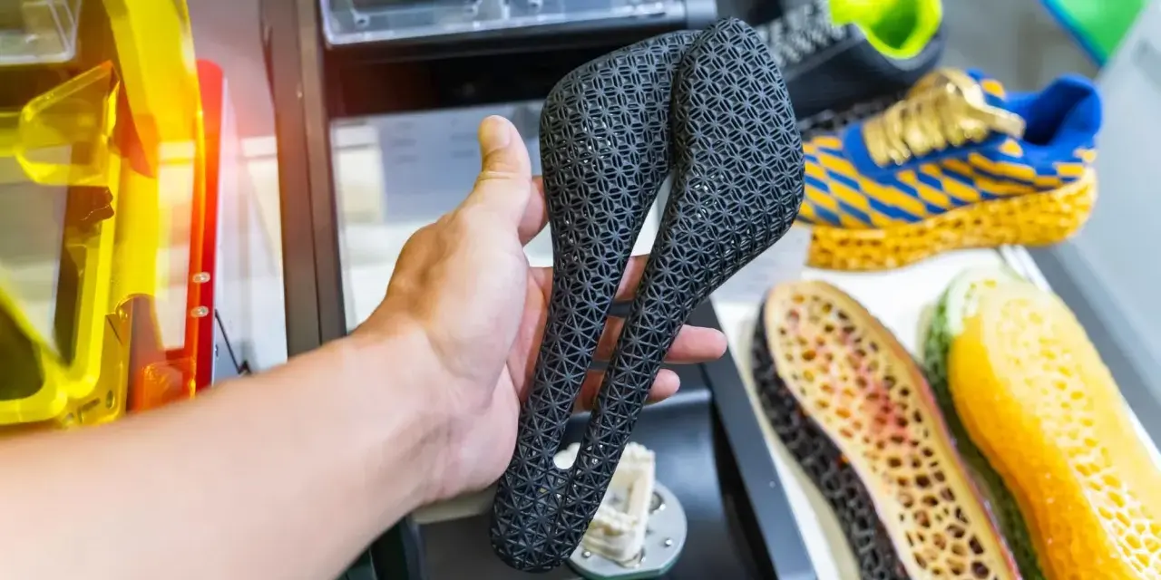 A hand holds a black, intricately patterned bicycle saddle, likely made from tpu material. In the background, colorful 3D-printed shoe soles and a shoe are visible.