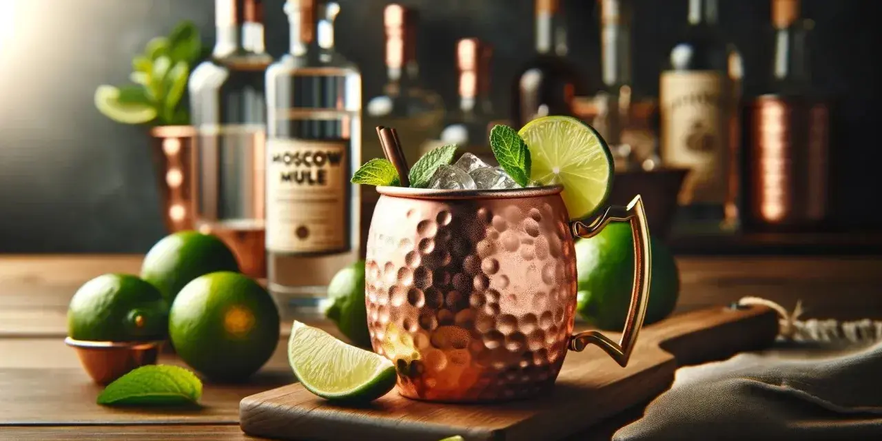 Orzeźwiający Moscow Mule w miedzianym kubku, z limonką i miętą. Obok butelka z etykietą "Moscow Mule" i świeże limonki.