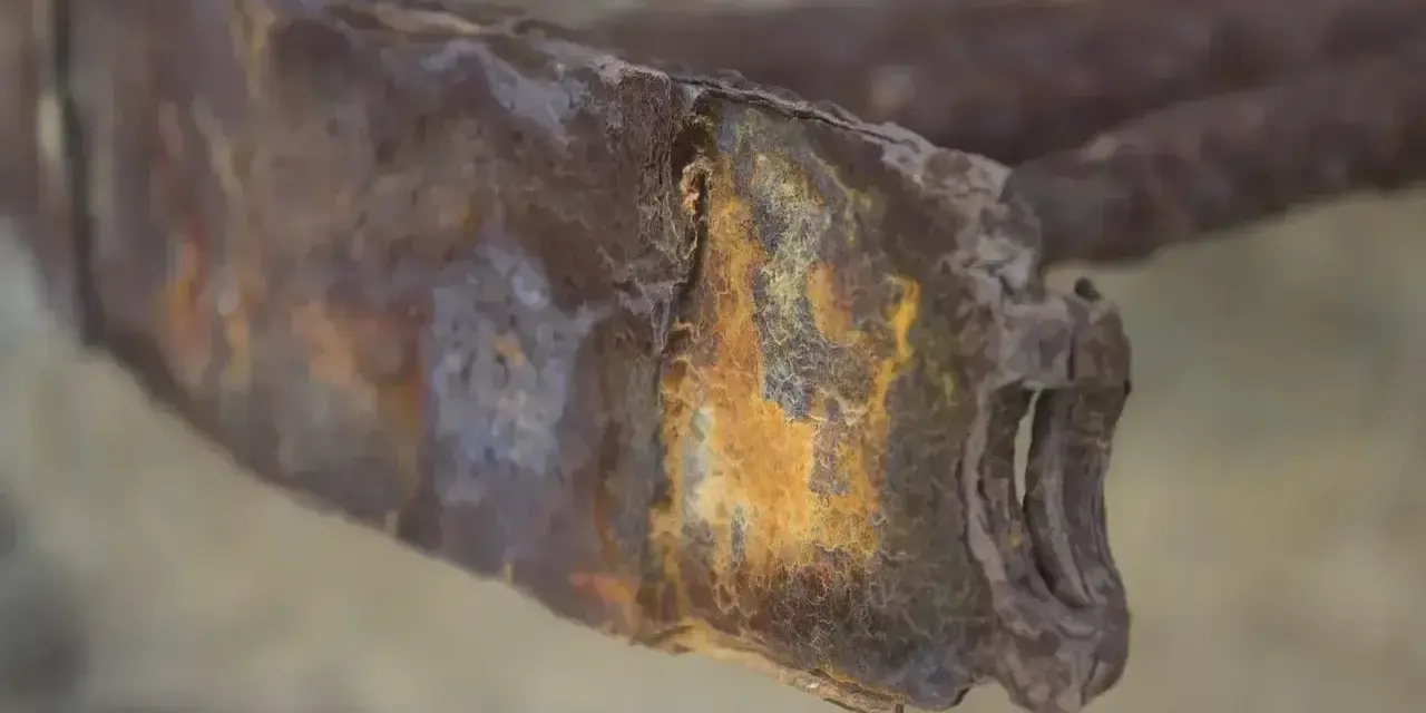 Zardzewiały metal, który wygląda jakby miał rdzewieć, ale czy aluminium rdzewieje? Ten fragment pokazuje intensywną korozję.