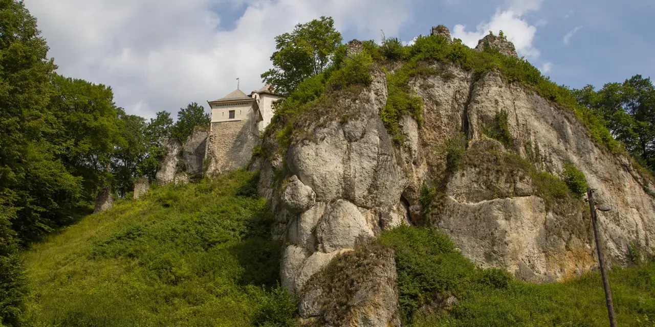 Zamek w Ojcowie góruje nad wapiennymi skałami, otoczony bujną zielenią.