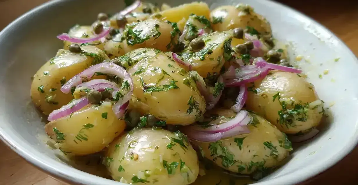 En skål med nykokt potatis, garnerad med rödlök, kapris och färska örter. Perfekt tillbehör till sommarmaten.