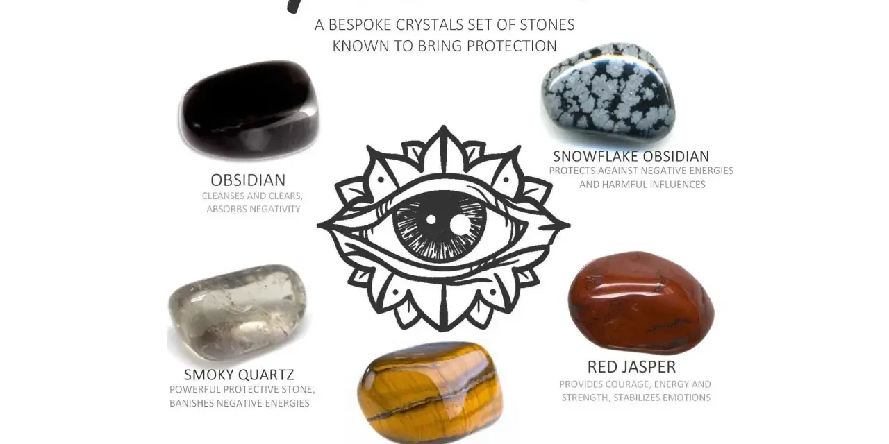 Conjunto de piedras protectoras: obsidiana, cuarzo ahumado, ojo de tigre, jaspe rojo y obsidiana copo de nieve, para alejar malas energías.