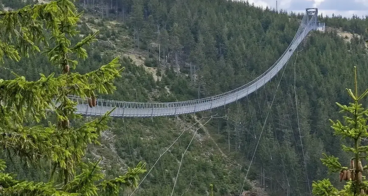 Długi, wiszący most w Dolní Moravě przecina zalesione zbocze.