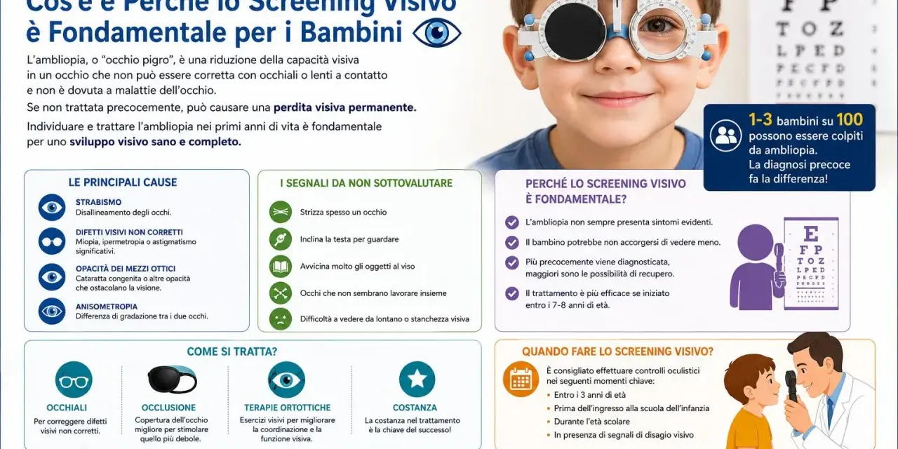 Bambino con occhiali da vista speciali per testare l'ambliopia, "occhio pigro". Sintomi da non sottovalutare e importanza dello screening visivo precoce.