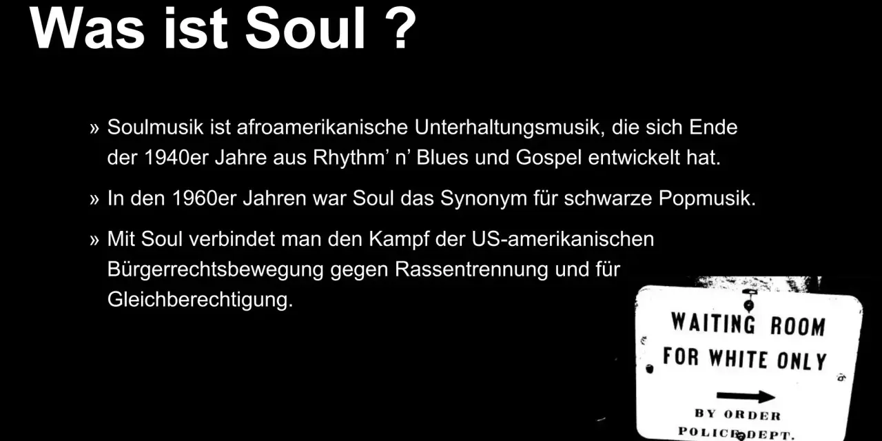 Soulmusik, ein Musikgenre mit Seele, entstand Ende der 1940er Jahre. Sie war ein Synonym für schwarze Popmusik und verband sich mit dem Kampf für Gleichberechtigung.