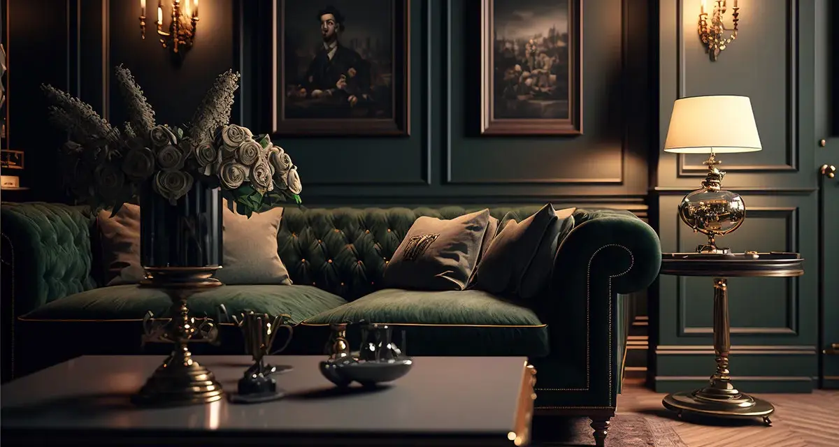 Elegancka, zielona sofa w stylu gotyckim, ozdobiona poduszkami, stoi w przytulnym salonie. Obok niej, złota lampa i obrazy na ścianie dodają wnętrzu charakteru.