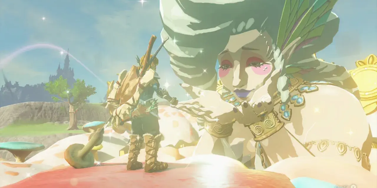 Link interactúa con una gigante en Hyrules, un momento épico de Tears of the Kingdom.