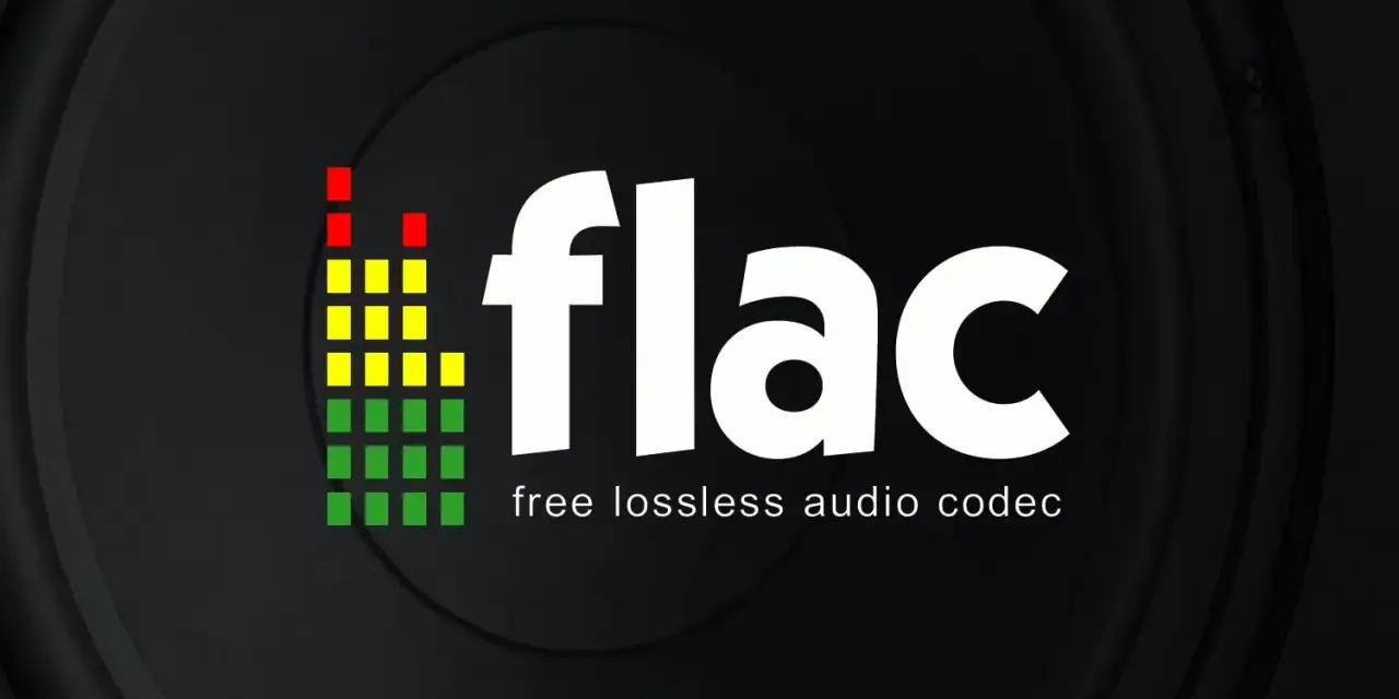 Logo FLAC z kolorowym wskaźnikiem poziomu dźwięku i napisem "free lossless audio codec". Ciesz się muzyką w najwyższej jakości.