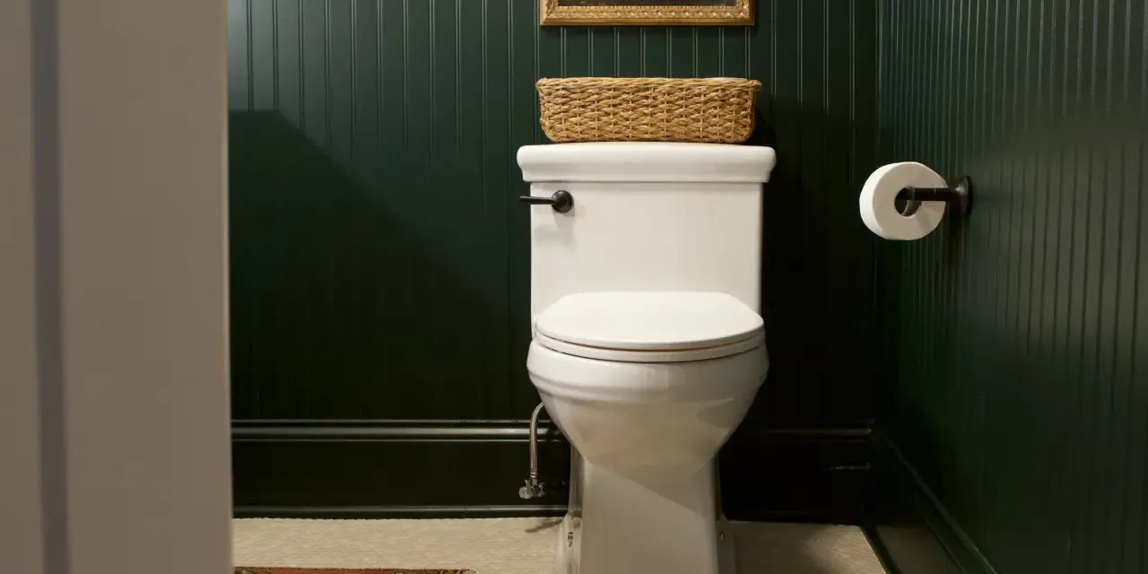 A white toilet with a basket on top, ready for a tutorial on how to replace toilet seat.