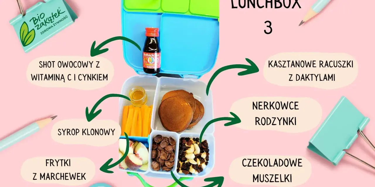 Lunchbox z kasztanowymi racuszkami, owocowym shotem i marchewkowymi frytkami – idealne placuszki dla dzieci na zdrowy posiłek.