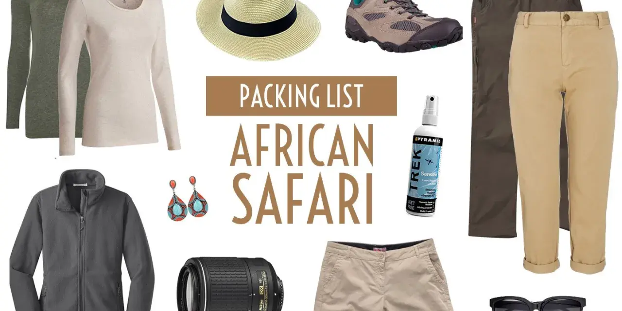 Jakie buty na safari w Kenii? Wygodne trekkingowe, do tego beżowe spodnie, bluza polarowa, kapelusz, okulary, biżuteria i aparat.