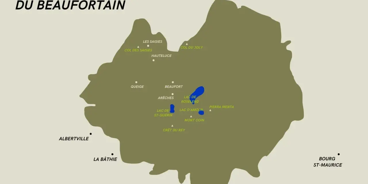 Carte du massif du Beaufortain, montrant les lacs de Roselend et Saint-Guérin, ainsi que des lieux comme Beaufort, Arêches et Albertville.