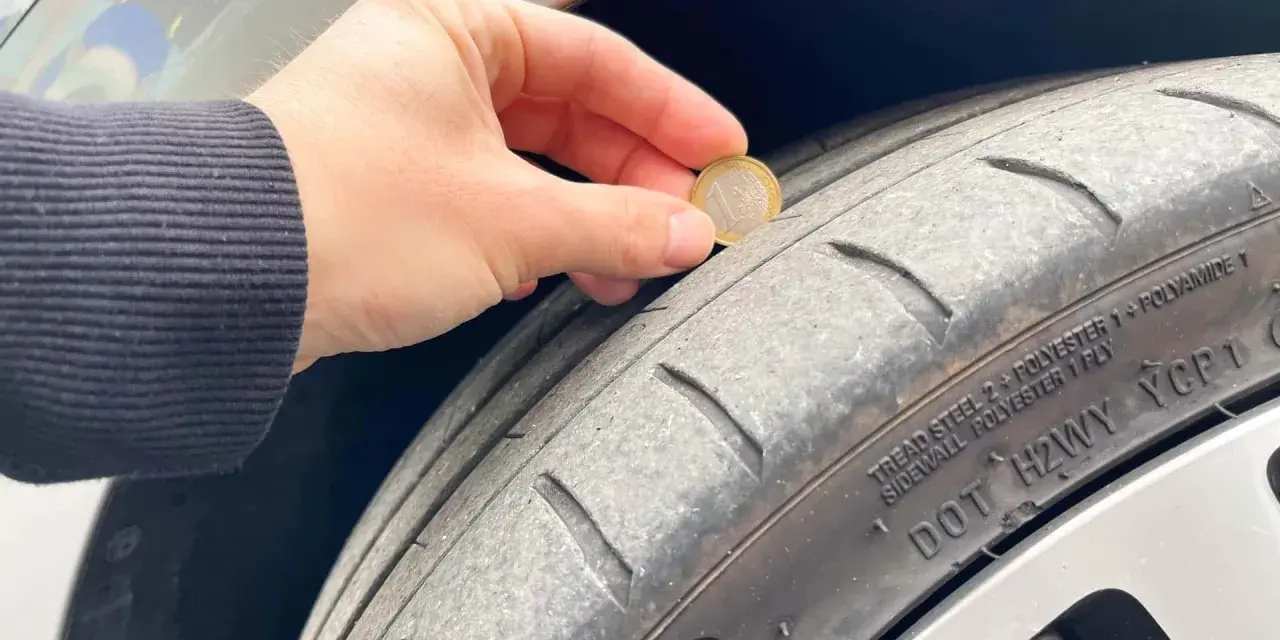 Una mano tiene una moneta da 1 euro per mostrare quanti mm di battistrada ha un pneumatico nuovo. Il battistrada è usurato.