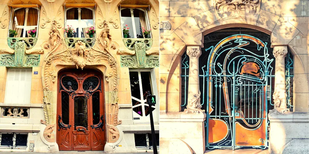 Portes et grilles en architecture art nouveau, ornées de courbes organiques et de visages féminins.