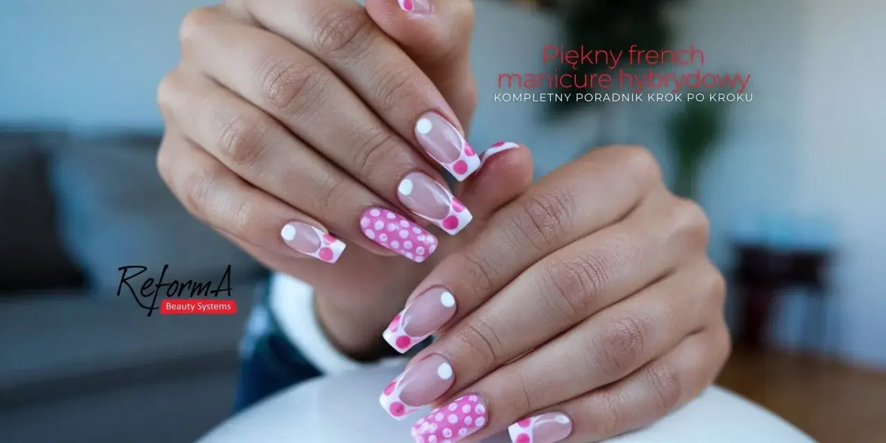 Uroczy french manicure hybrydowy w różowe kropki. Idealny dla każdej kobiety ceniącej styl.