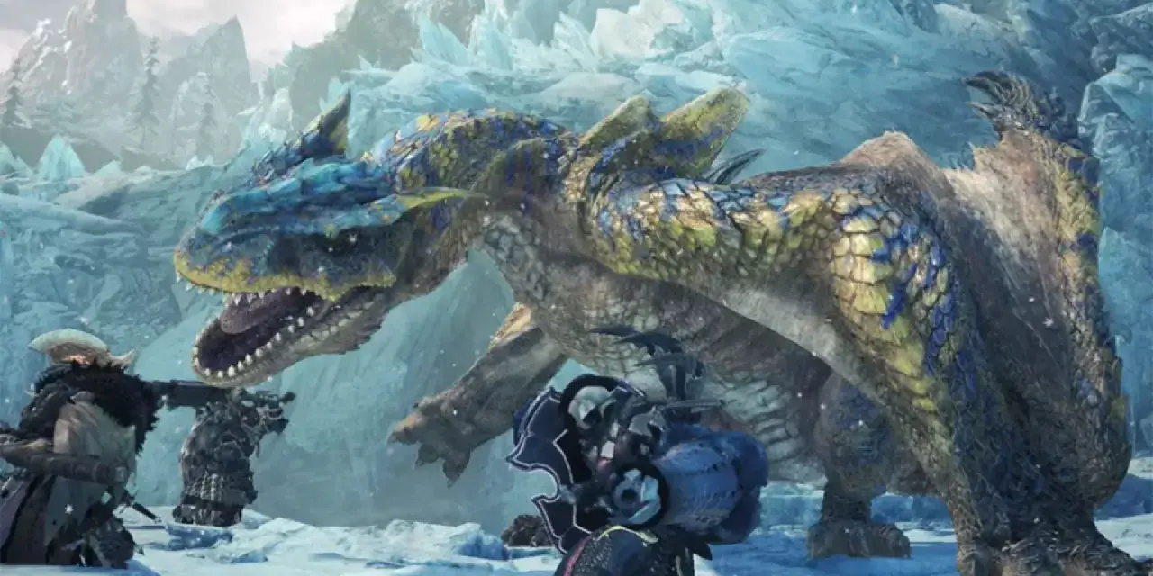 Cazadores se enfrentan a un dragón en un paisaje helado. ¡Una escena épica de Monster Hunter World!