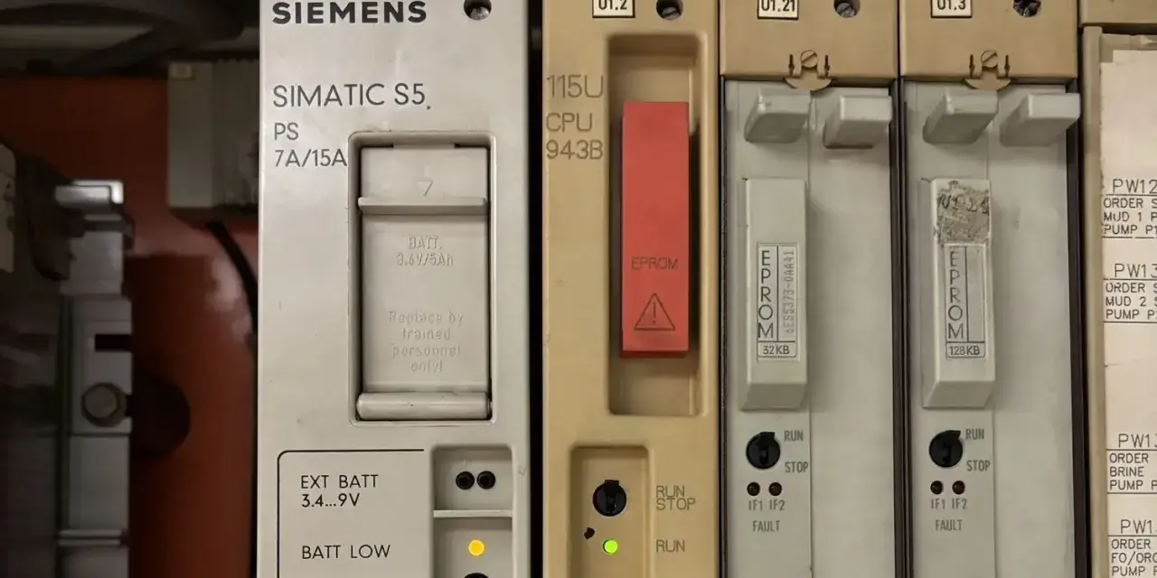 Moduły sterowników PLC Siemens SIMATIC S5 z procesorem i pamięcią EPROM.