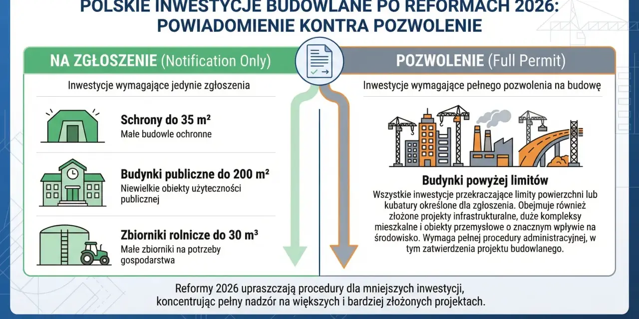 Polskie inwestycje budowlane po reformach 2026: zgłoszenie vs pozwolenie. Jak uniknąć problemów z urzędem budowlanym? Schemat wyjaśnia, co wymaga zgłoszenia, a co pozwolenia.