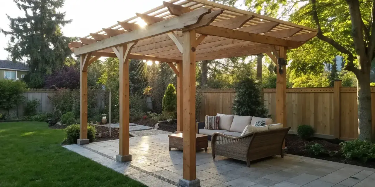 A beautiful wooden pergola, a perfect example of how to build a pergola, offers shade over a patio with outdoor furniture.