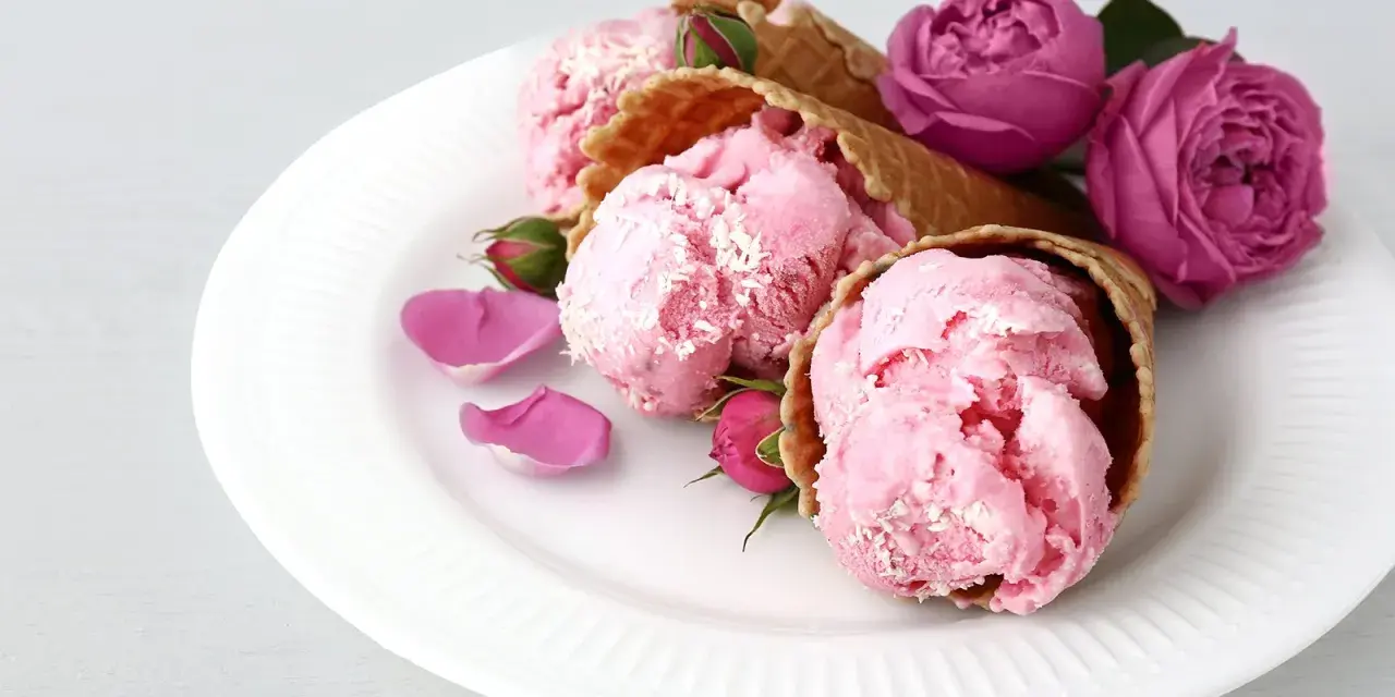 Drei Eiswaffeln mit rosa rosen eis, garniert mit Rosenblättern und Knospen auf einem weißen Teller.