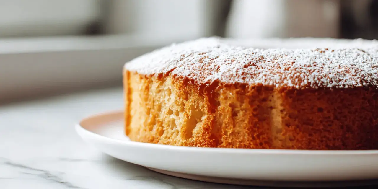 Ein goldbrauner Kuchen mit Puderzucker bestäubt, frisch aus dem Airfryer.