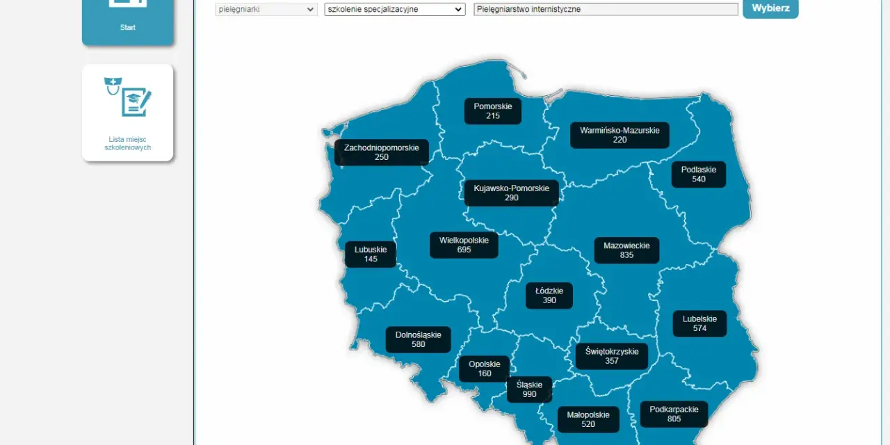 Mapa Polski z danymi o szkoleniach specjalizacyjnych dla pielęgniarek. Sprawdź, ile trwa specjalizacja pielęgniarska w wybranym województwie.