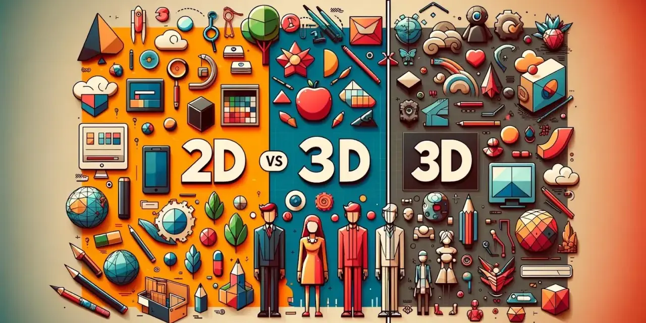 Kolorowe ikony ilustrujące świat 2D i 3D, od płaskich kształtów po bryły.