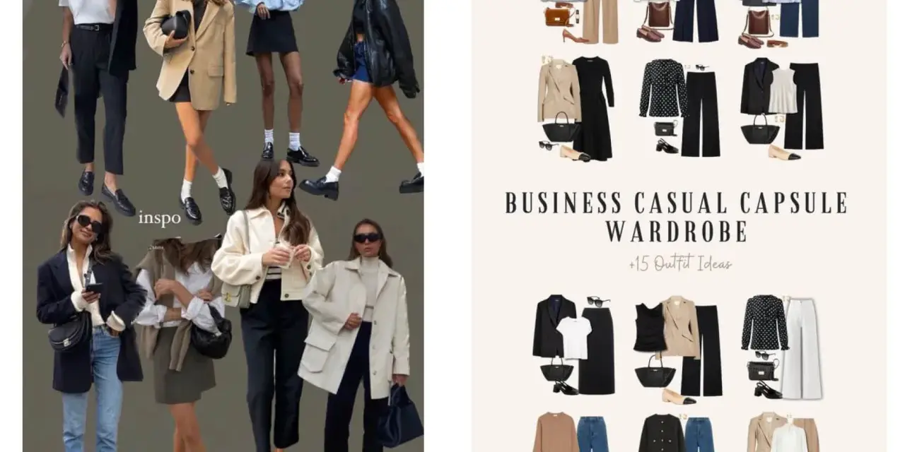Modelli di outfit business casual. Il significato di "tinta unita" si riflette nella scelta di capi versatili e monocromatici per creare un guardaroba funzionale.