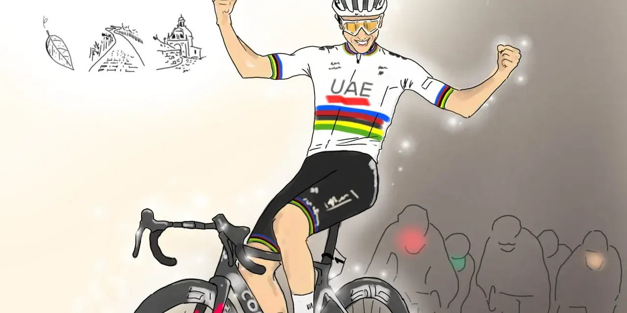 Tadej Pogačar celebrates a victory at the Tour de France, with sketches of iconic landmarks in the background.