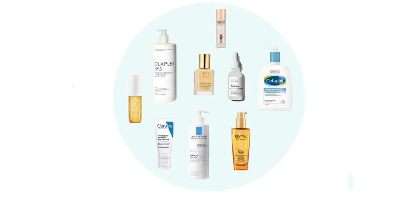Collage verschiedener Kosmetikprodukte von Marken wie Olaplex, CeraVe, Cetaphil und The Ordinary.