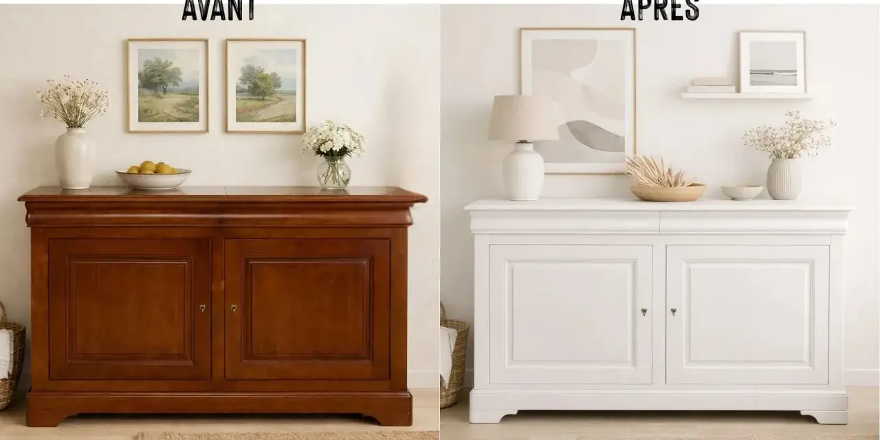 Avant/Après : un meuble buffet en bois verni transformé en blanc lumineux. Une belle rénovation pour ce meuble bois.