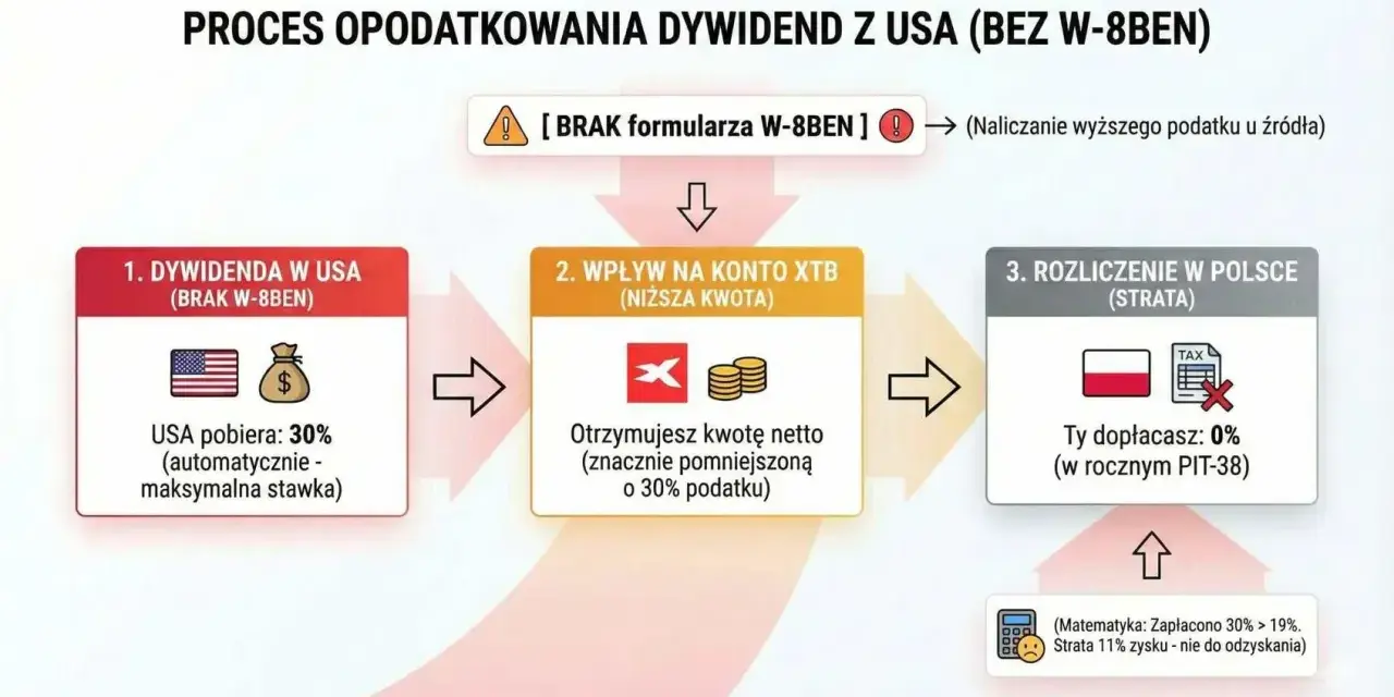 Proces opodatkowania dywidend z USA bez W-8BEN: USA pobiera 30%, na konto XTB wpływa niższa kwota, a w Polsce rozliczasz PIT-38 z 0% dopłaty, ale tracisz 11% zysku.