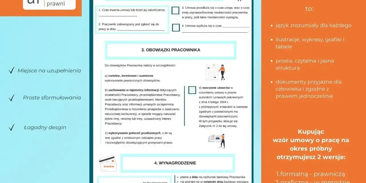 Wzór umowy o pracę na okres próbny w wersji Legal Design, z miejscem na uzupełnienia i prostymi sformułowaniami.