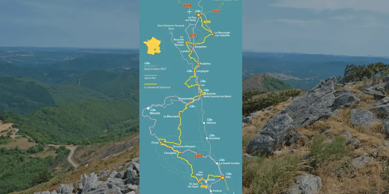 Carte du chemin de Stevenson, montrant le dénivelé et les étapes, de la Lozère au Gard.