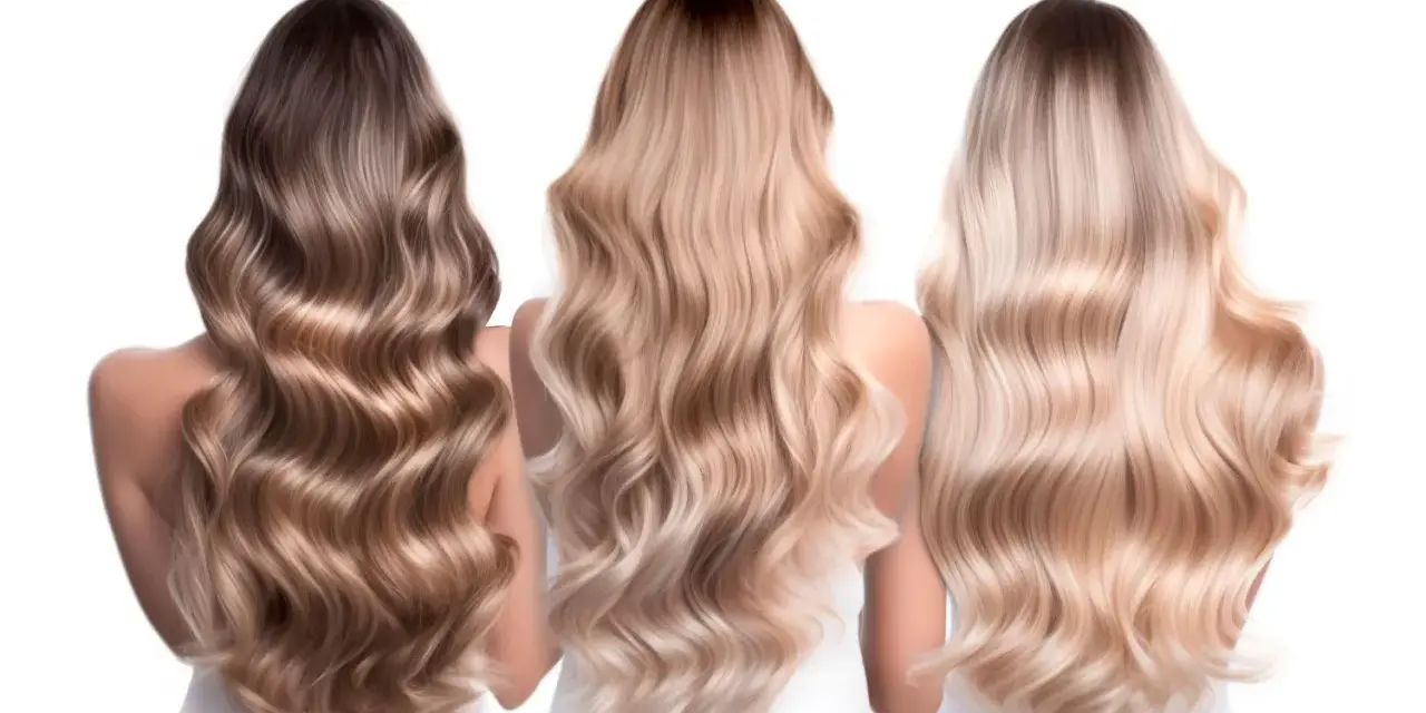 Trzy kobiety z falującymi włosami. Jedna ma ciemne, dwie pozostałe w odcieniach blond. Delikatny **air touch blond** na ich głowach.