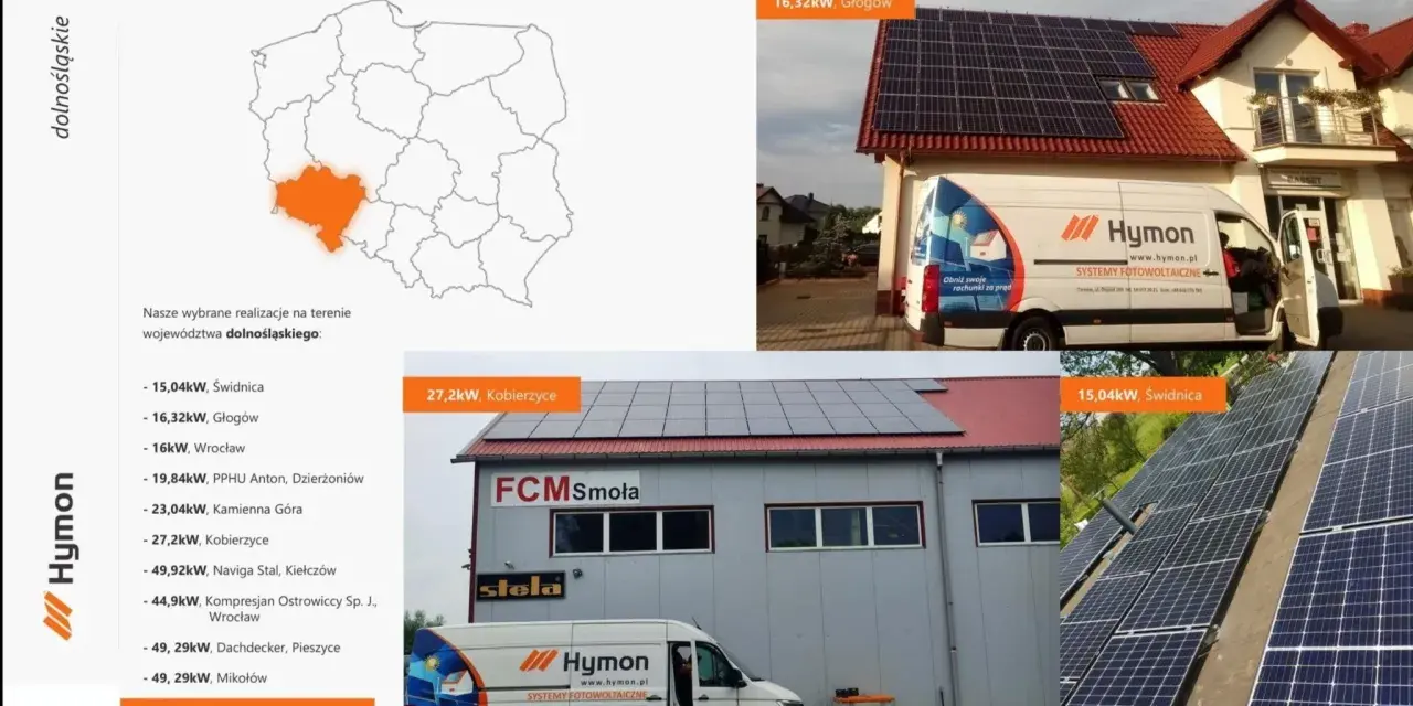 Hymon fotowoltaika: realizacje na Dolnym Śląsku, w tym instalacje w Głogowie, Wrocławiu i Świdnicy. Van Hymon z hasłem "Obniż swoje rachunki za prąd".