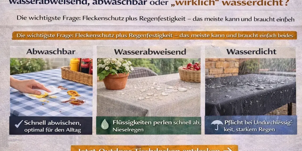 Outdoor-Tischdecken: abwaschbar, wasserabweisend oder wirklich wasserdicht? Für Schutz bei jedem Wetter, auch bei starkem Regen, ist eine wasserdichte Tischdecke ideal.