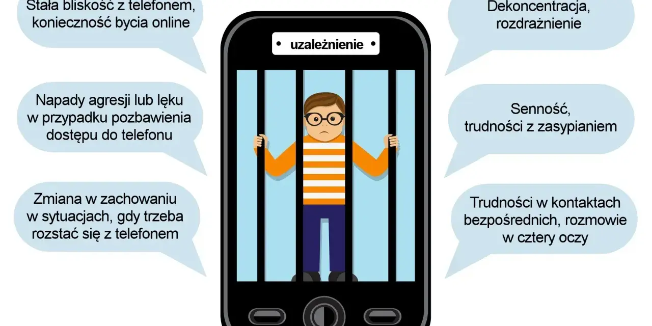 Chłopiec w okularach za kratami telefonu symbolizuje uzależnienie. Pozbawienie go telefonu wywołuje agresję, lęk, problemy ze snem i koncentracją.