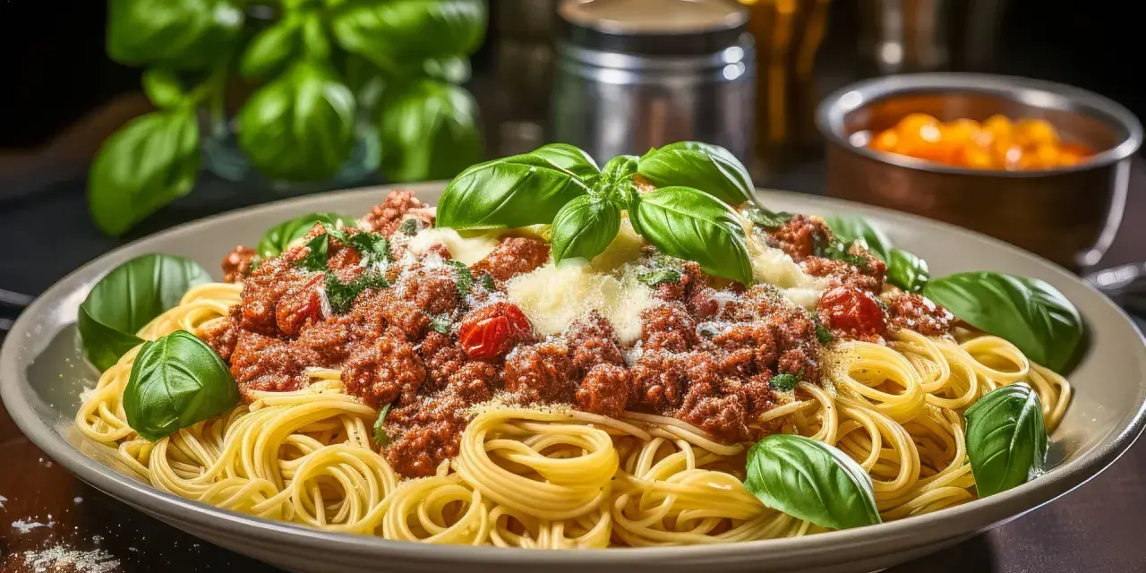 Ein Teller Spaghetti mit einer reichhaltigen, fleischigen Bolognese-Sauce, garniert mit frischem Basilikum und Parmesan. Das ist die beste Bolognese!