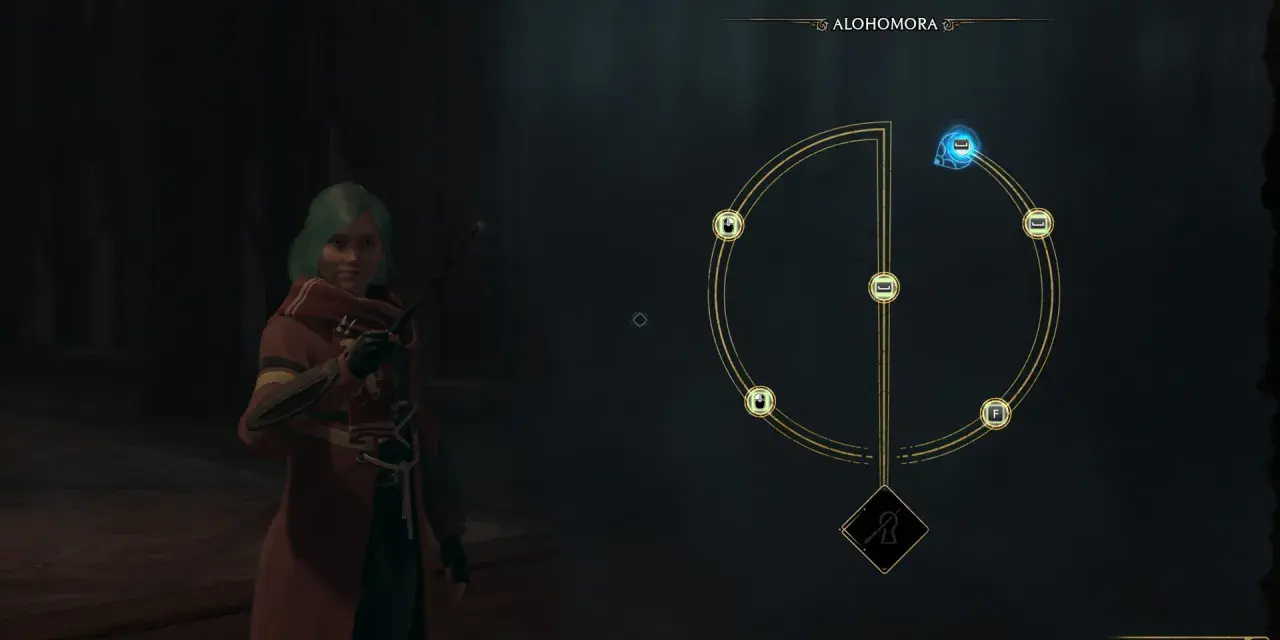 Jugadora con varita en mano, lista para lanzar Alohomora en Hogwarts Legacy. El círculo mágico del hechizo aparece en pantalla.