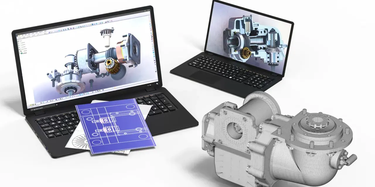 Dwa laptopy z wizualizacjami 3D mechanizmów, niebieskie plany i model części. To efekt pracy z programem cad skrót.
