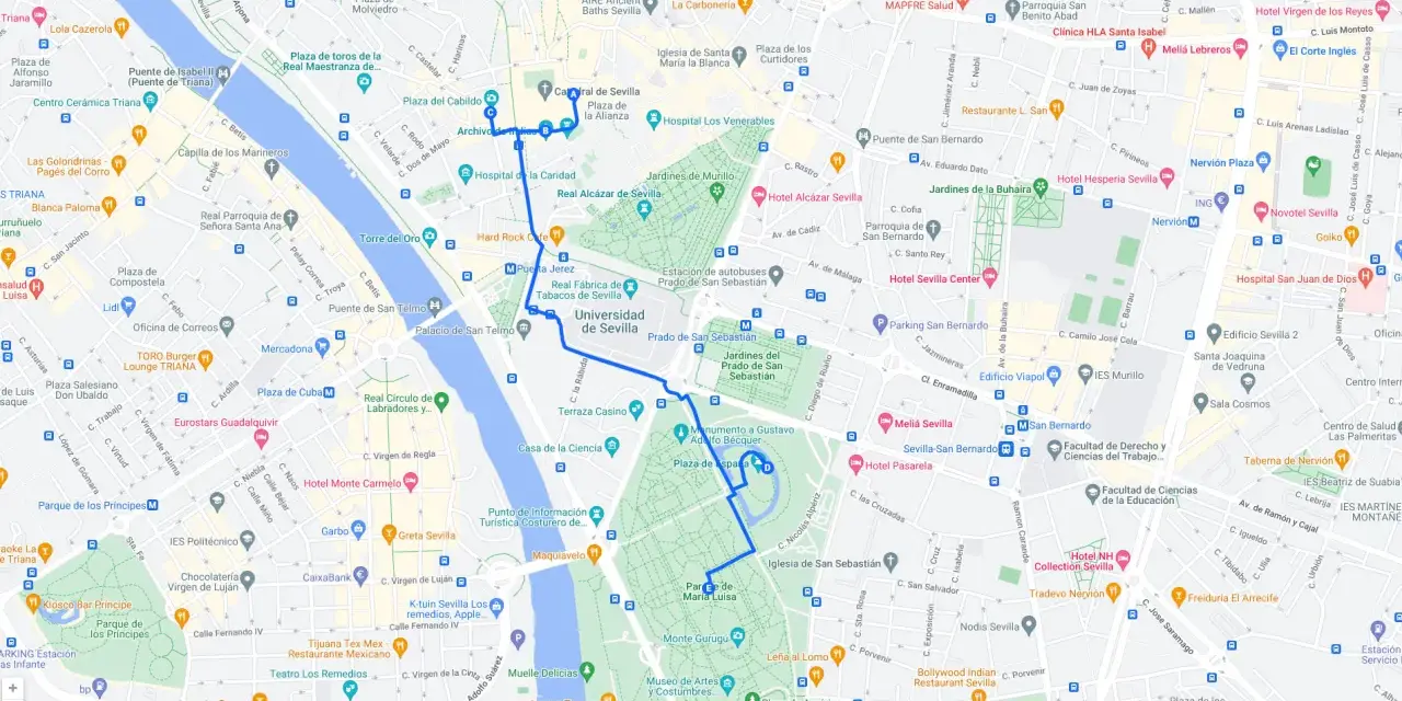 Mappa di Siviglia con itinerario per cosa vedere a Siviglia in 3 giorni: Alcázar, Plaza de España, Parco Maria Luisa, Cattedrale.