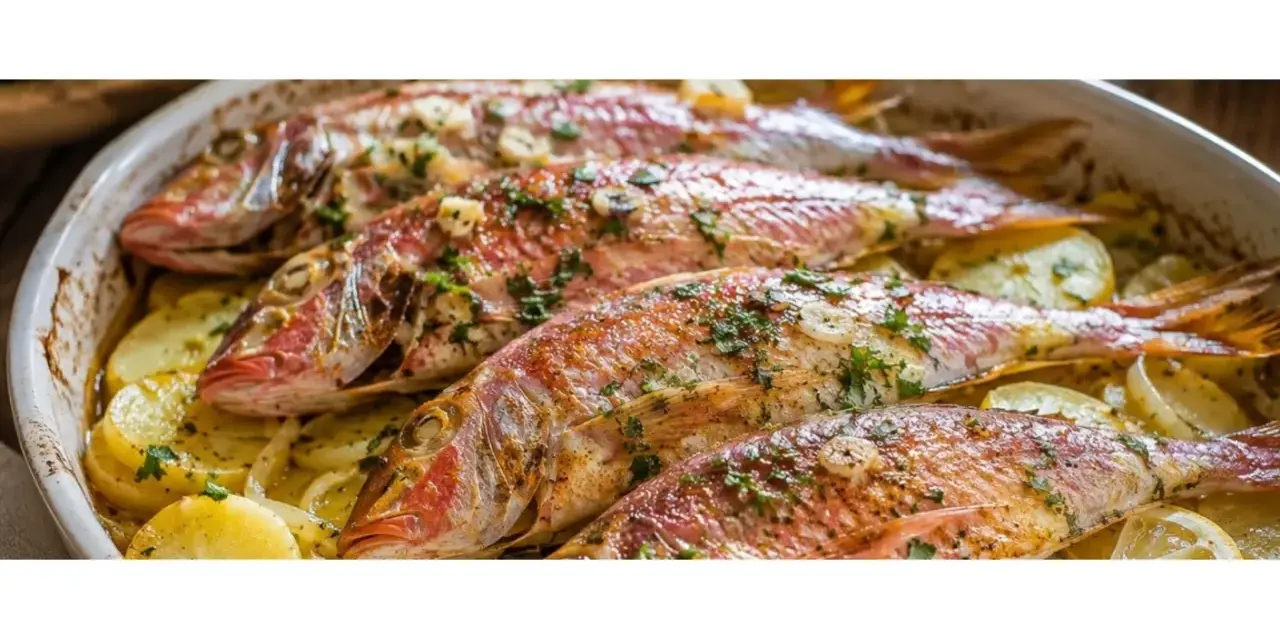 Cuatro salmonetes al horno, dorados y con hierbas, reposan sobre patatas laminadas en una fuente blanca.
