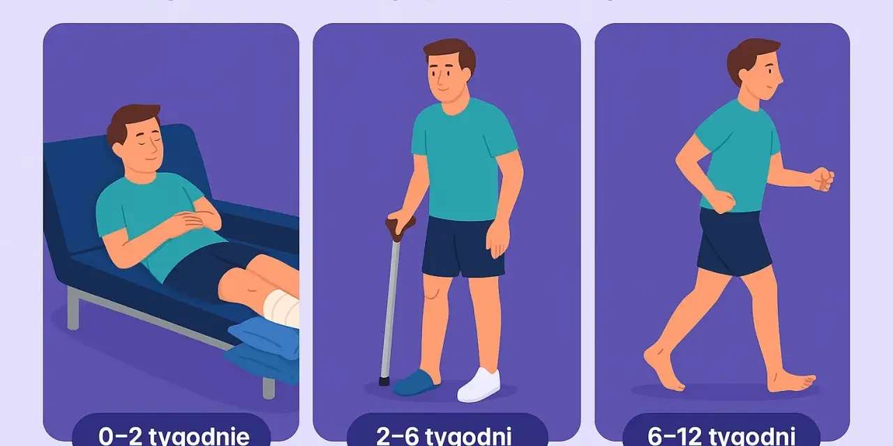 Etapy rehabilitacji po operacji haluksów: odpoczynek (0-2 tyg.), z kulą (2-6 tyg.), chodzenie (6-12 tyg.).